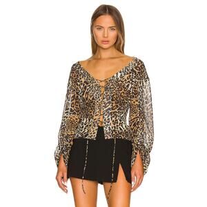 LPA Gerry Top Blouson Sleeves Lillia Leo Leopard Lace Up Sheer Y2K Festival S
